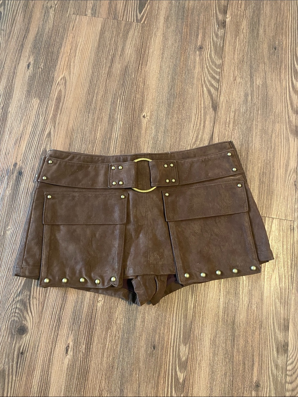 Free People Brown Faux-Leather Studded Belted Skort-Shorts